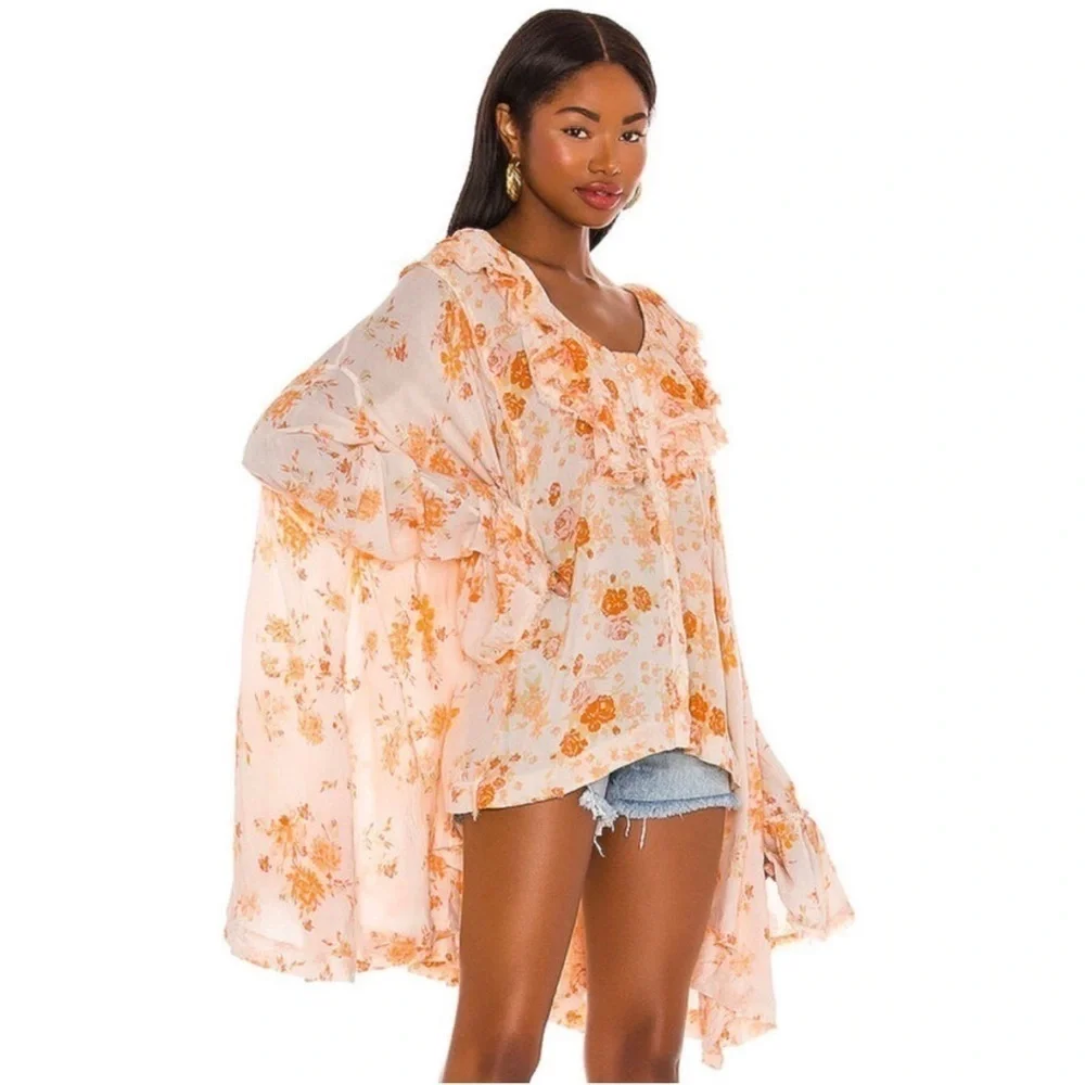 Free People Loretta Tunic Top Tea Combo Cream Yellow Floral Print Ruffle Boho